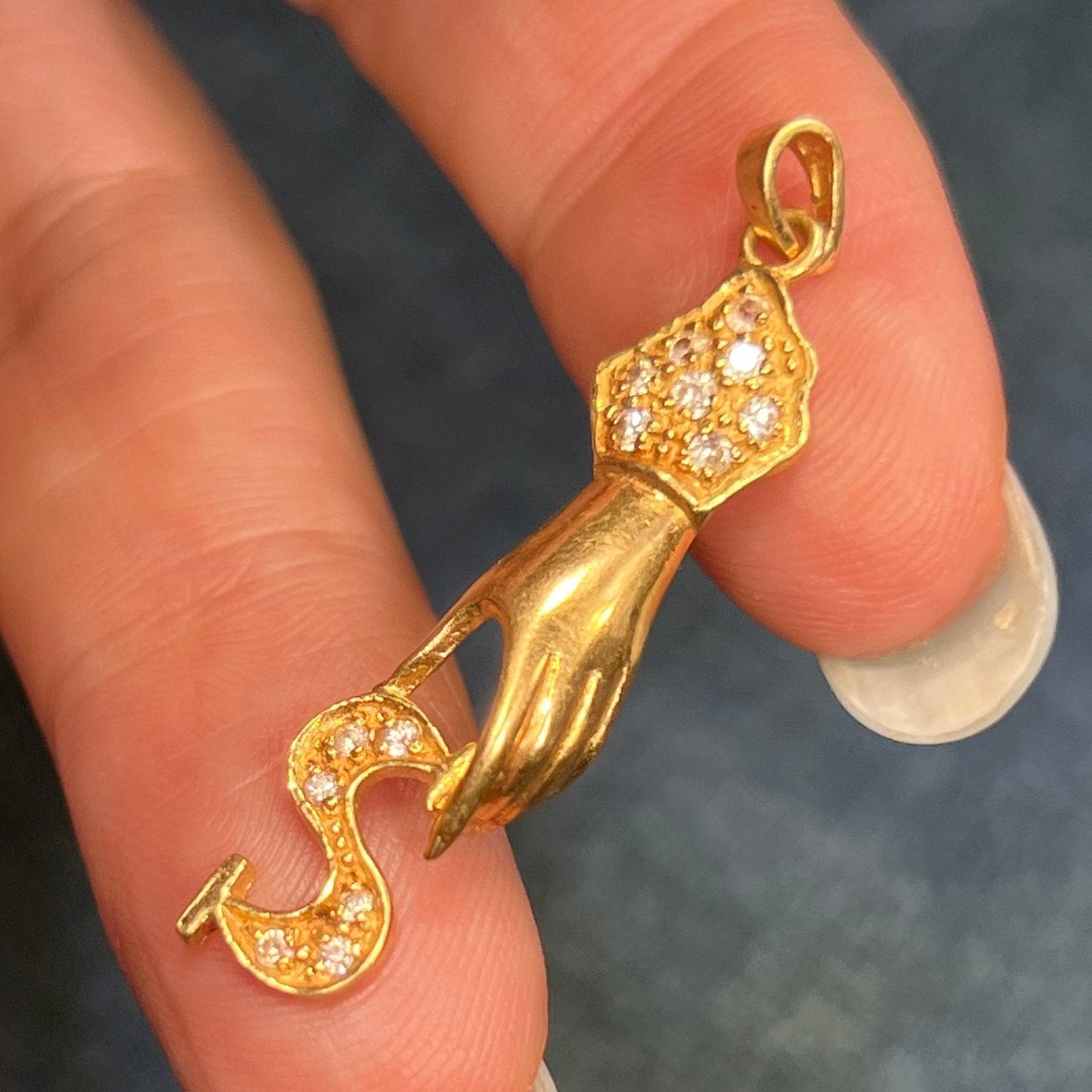 14k Yellow Gold + Diamond Antique HAND w Initial "S" Pendant. 1.5"