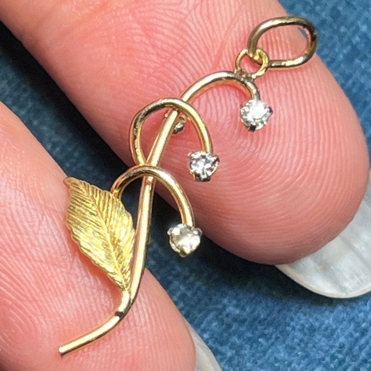 14k Yellow Gold Diamond Lily-Of-The-Valley Pendant. Antique