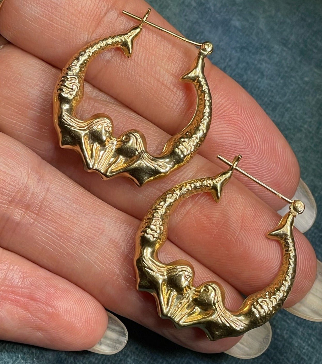 14k Yellow Gold Double MERMAID Hoop Art Deco Earrings. 1.2"