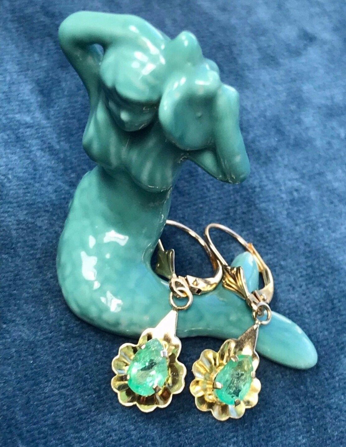 14k Yellow Gold Drop Earrings w Natural Emeralds. 2 Carat TCW. Leverbacks-K12L2