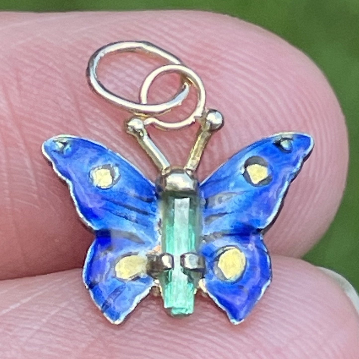 14k Yellow Gold EMERALD & Enamel Butterfly Pendant **TINY!**