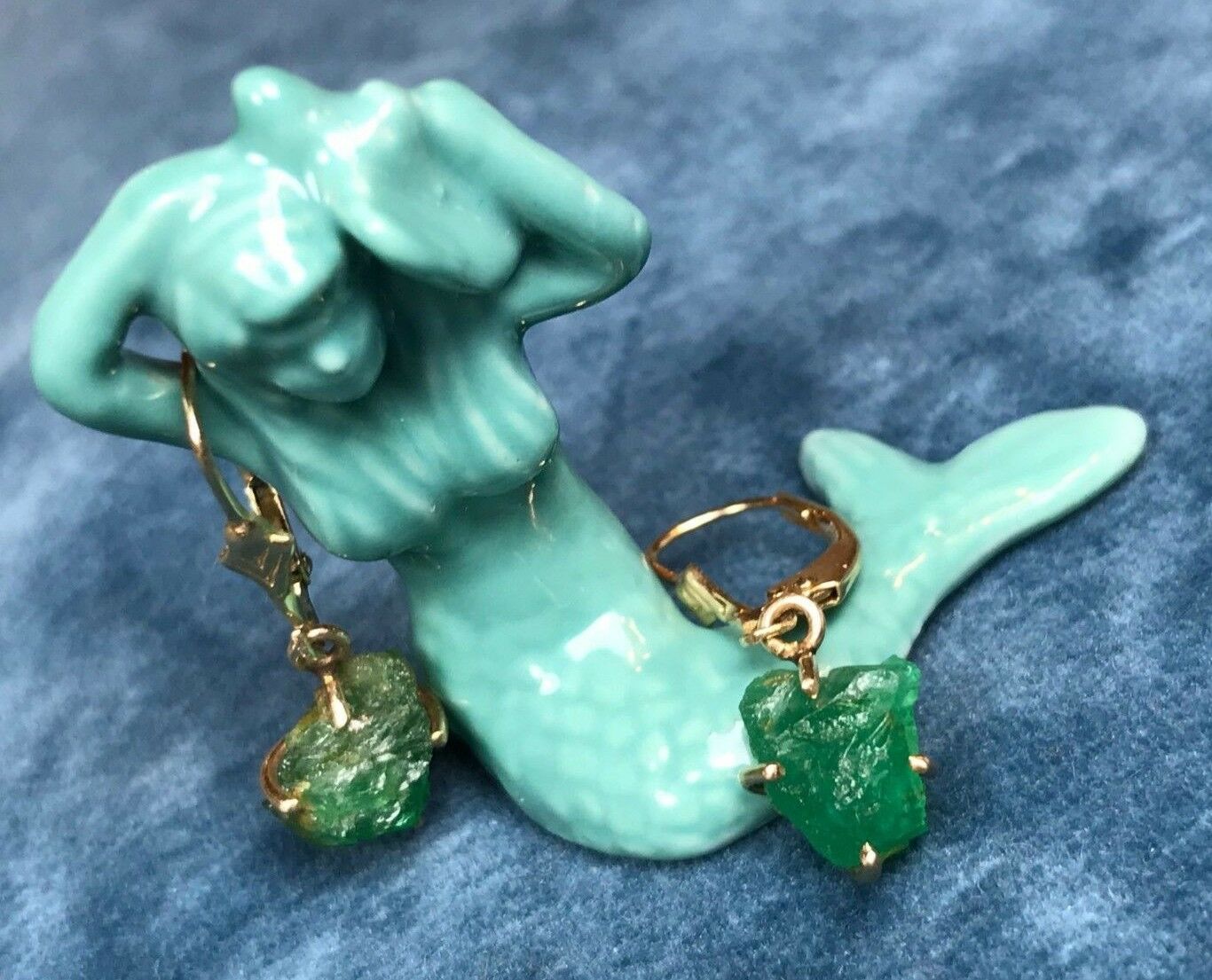 14k Yellow Gold Earrings w 4.0 TCW Raw Emeralds. Leverback. 1" Dangle-K5L5J