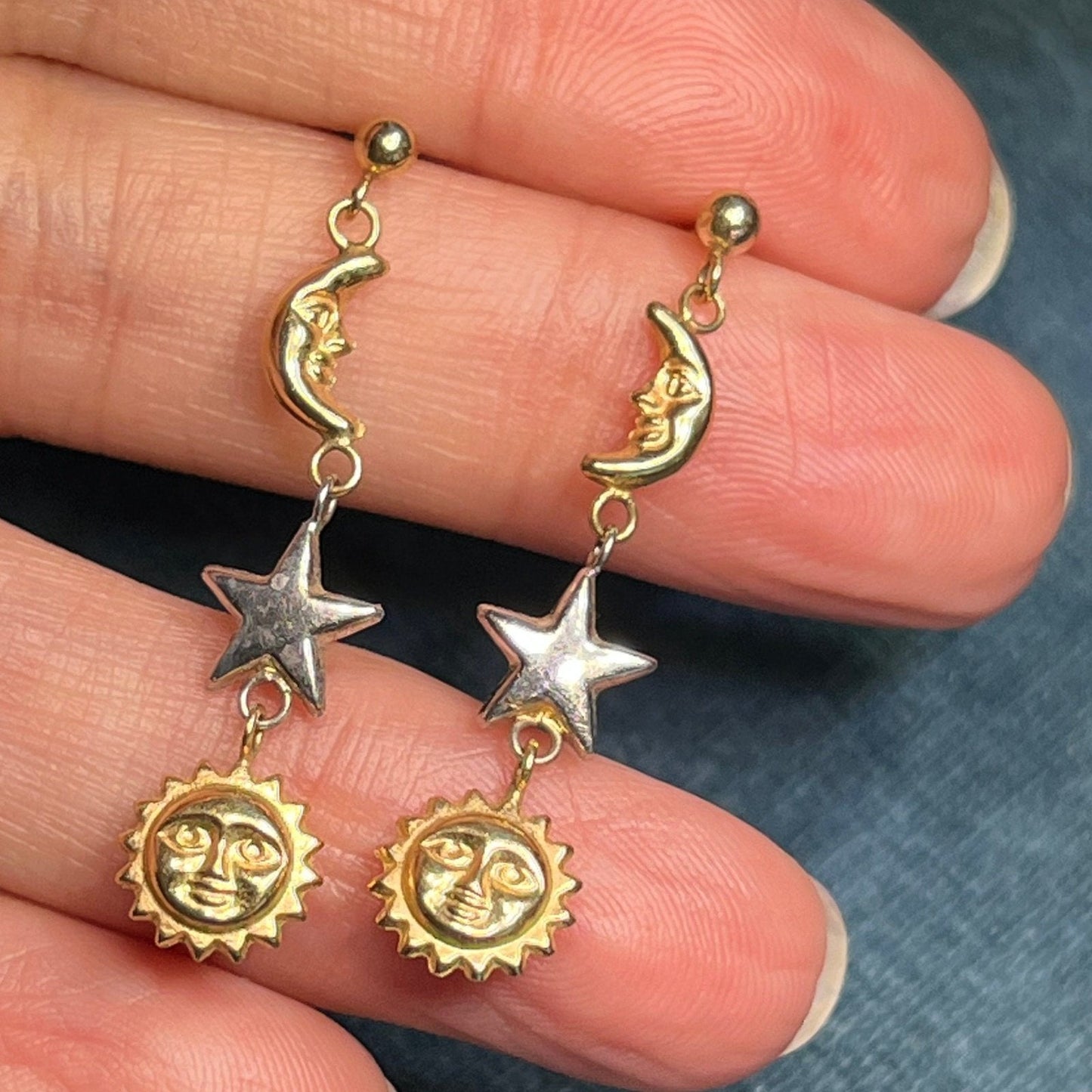 14k Yellow Gold Earrings w Dangly Crescent Moon, Sun & Stars. 1.5"