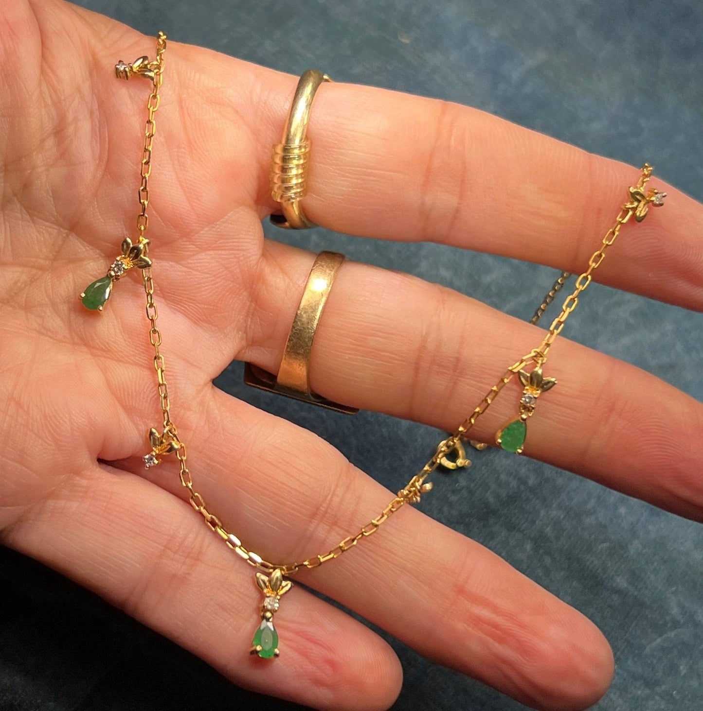 14k Yellow Gold Emerald Teardrop & Diamond Necklace. Festoon Bib