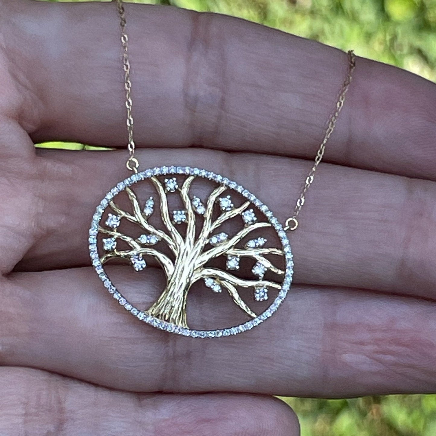14k Yellow Gold FAMILY TREE Diamonds Pendant/ Necklace w Chain