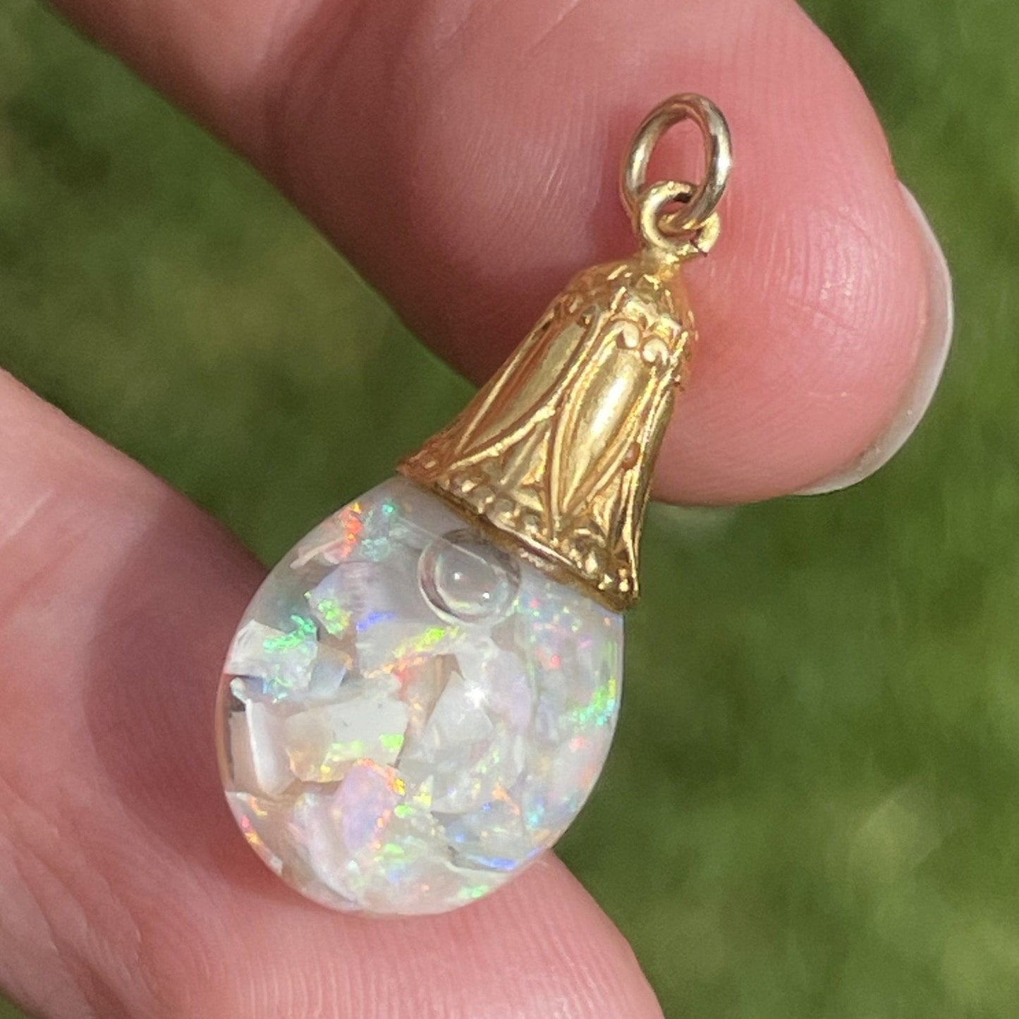 14k Yellow Gold FLOATING OPAL Snow Globe Pendant. Neon Fire **Video**