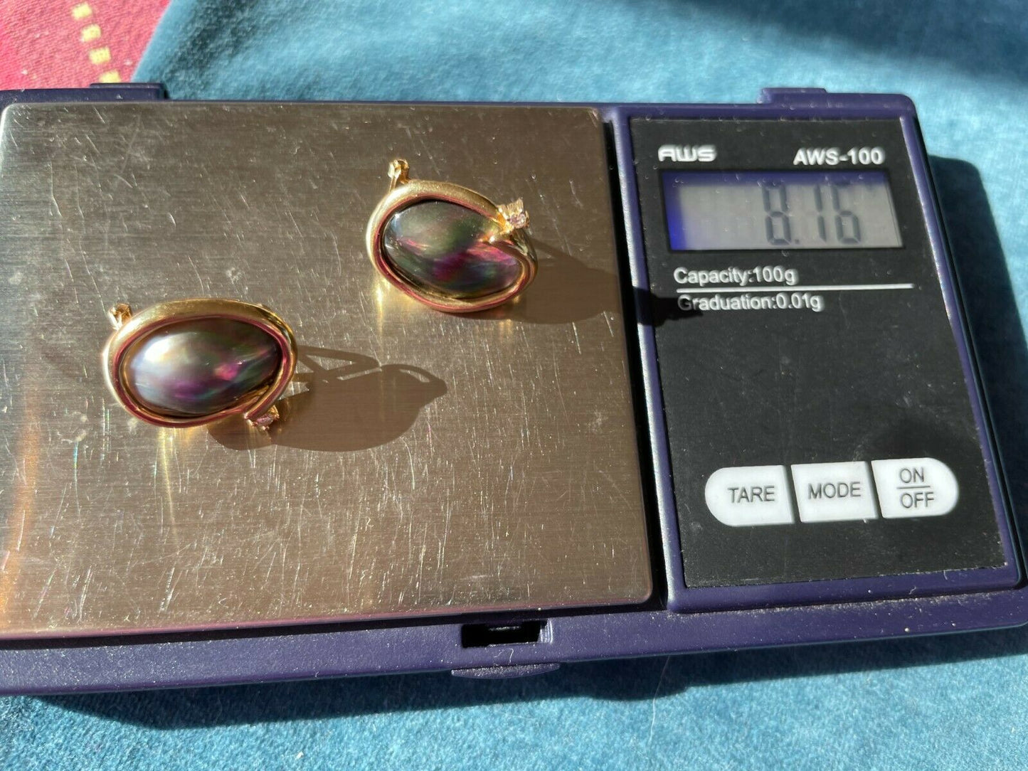 14k Yellow Gold Gray Mabe Pearl Diamond OMEGABACK Earrings. 3/4" & 8g_b100_19
