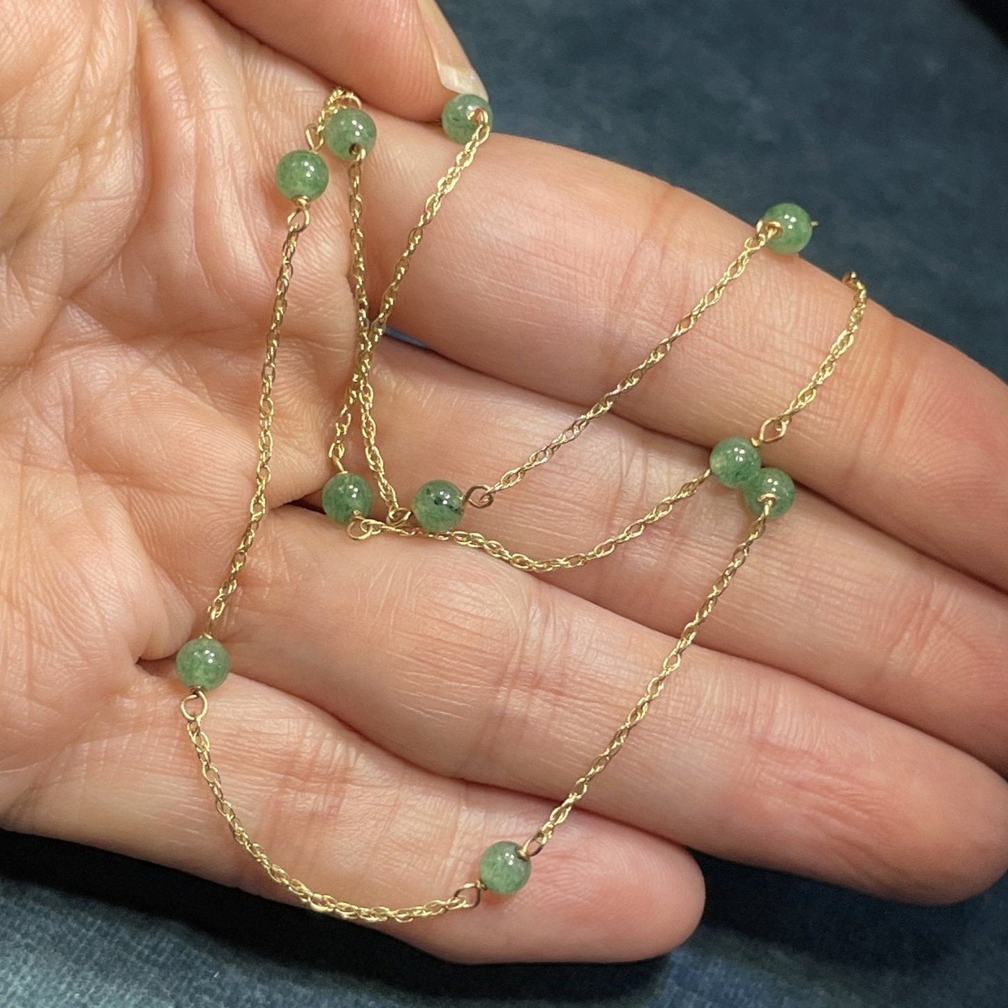 14k Yellow Gold Green Jade By the Yard Necklace. Station Chain