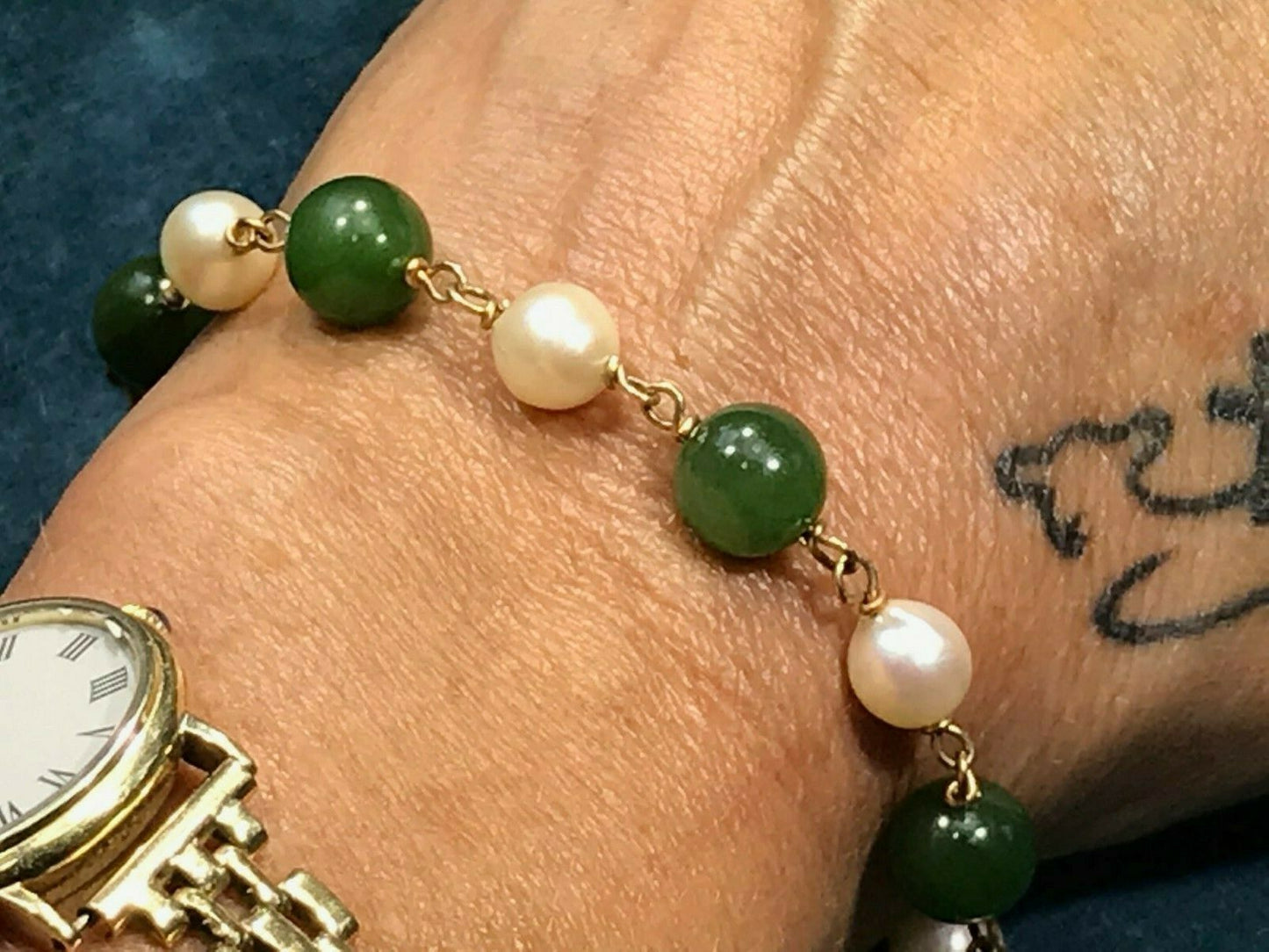14k Yellow Gold Green Jade Pearl Bracelet. Heavy 14g & 8"-K6L8J
