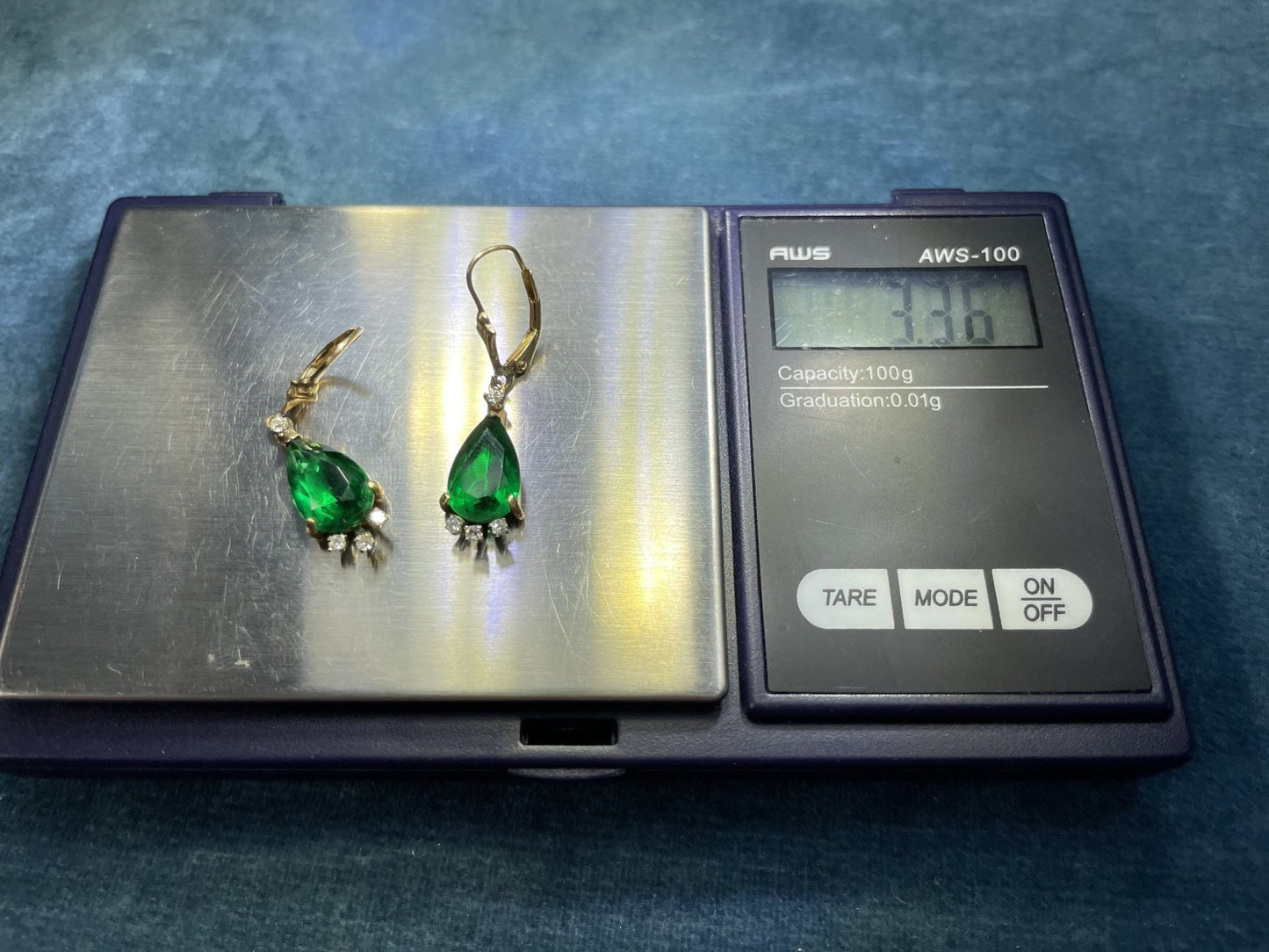 14k Yellow Gold Green Teardrop & Diamond Leverback DECO Earrings