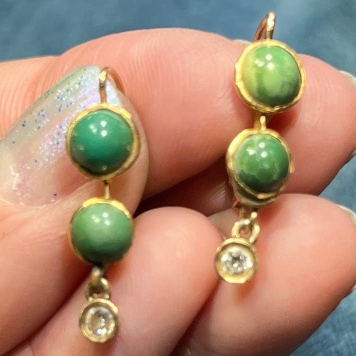 14k Yellow Gold Jade + Diamond Drop Earrings. Antique Leverbacks