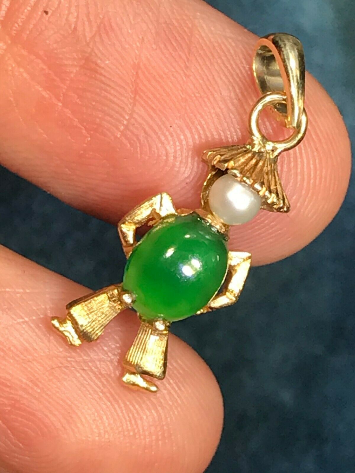 14k Yellow Gold Jade & Pearl PEASANT Farmer Pendant. TINY