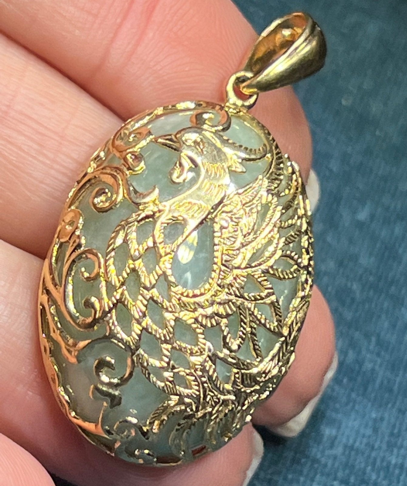 14k Yellow Gold Jade Pendant w Filigree Dragon. Large 1.6" + 15g
