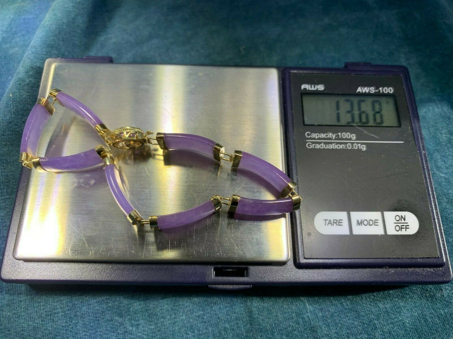 14k Yellow Gold Lavender Jade Panel Bracelet. Amethyst Clasp. 13.6g_b150_10_20