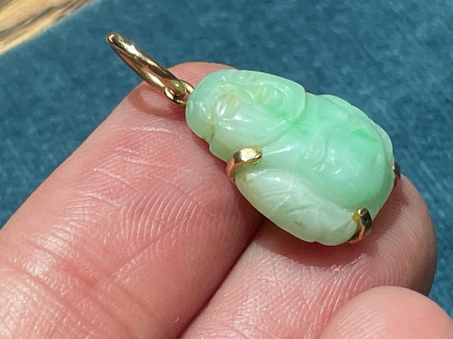 14k Yellow Gold "Lime Sherbet" Green Jade Carved Joyful Buddha Pendant