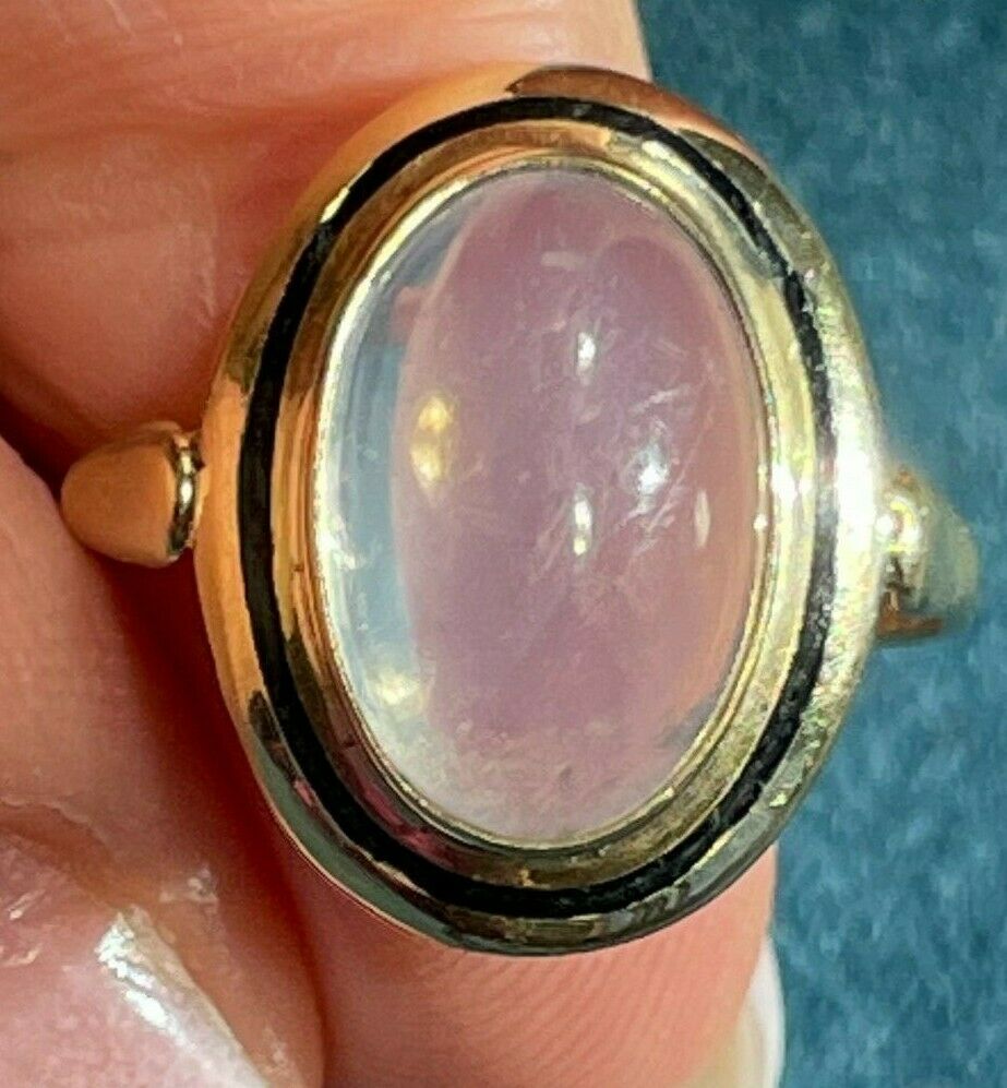 14k Yellow Gold MOONSTONE Cabochon Ring w Black Enamel