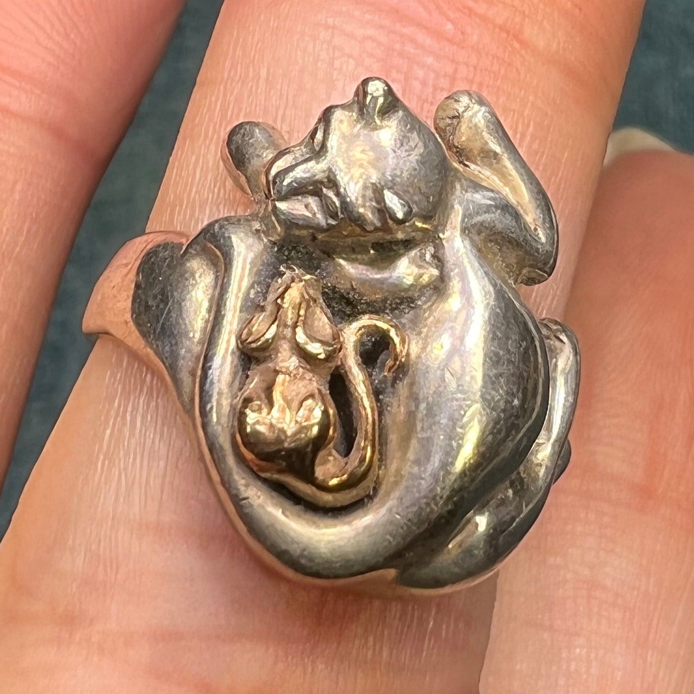 14k Yellow Gold Mouse & 925 Cat Ring. Artisan-Made. 3/4" + 6g