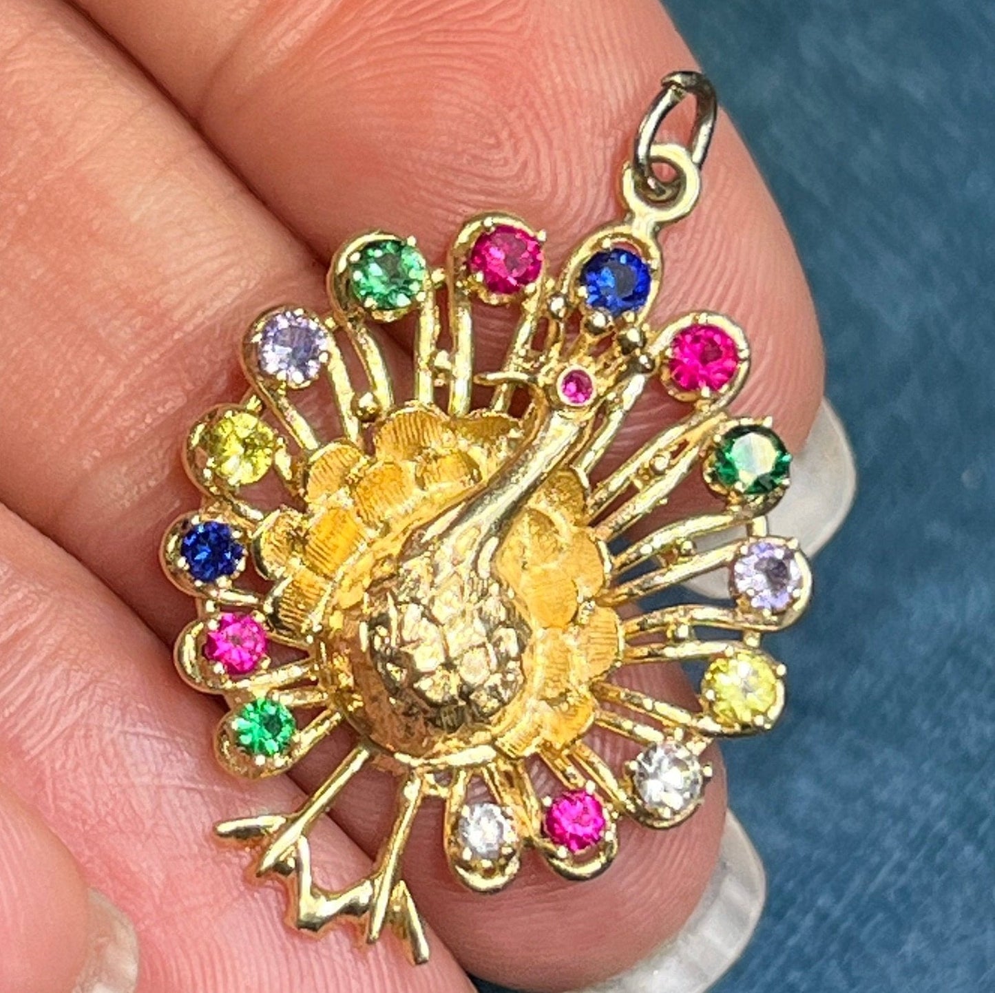 14k Yellow Gold Multi-Gem Rainbow Peacock Pendant