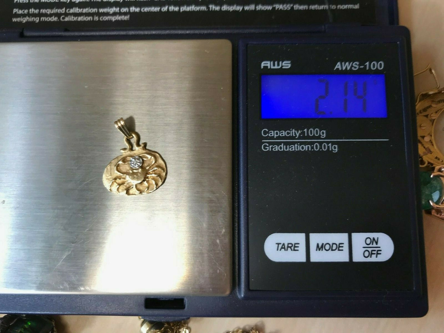 14k Yellow Gold Natural Diamond "Cancer" Crab Disk Pendant. Hammered-K9L9J