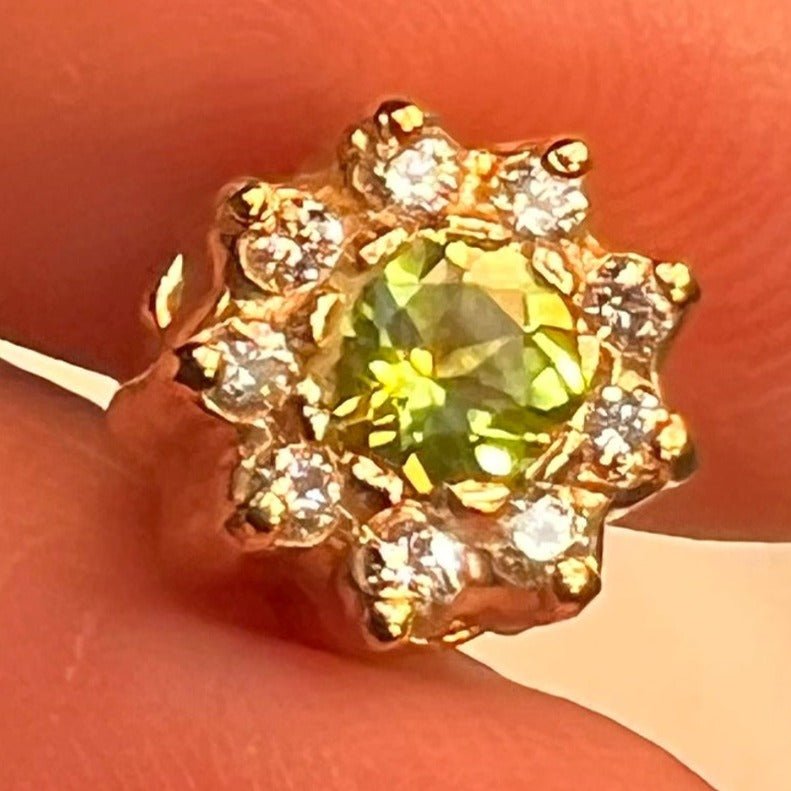14k Yellow Gold Natural PERIDOT Slide Pendant w Diamond Halo. Small