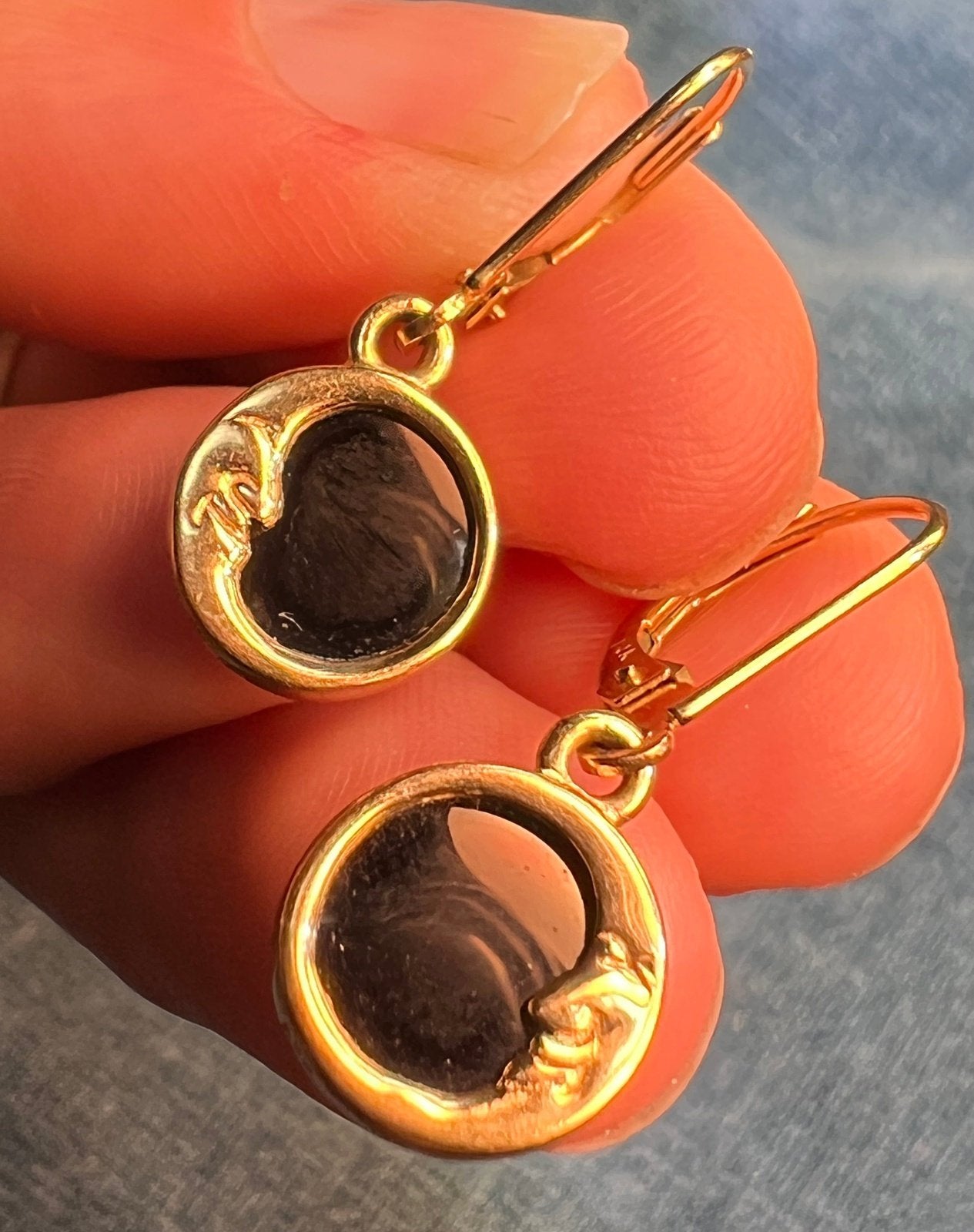 14k Yellow Gold Onyx Crescent "Man in the Moon" Earrings. Kabana