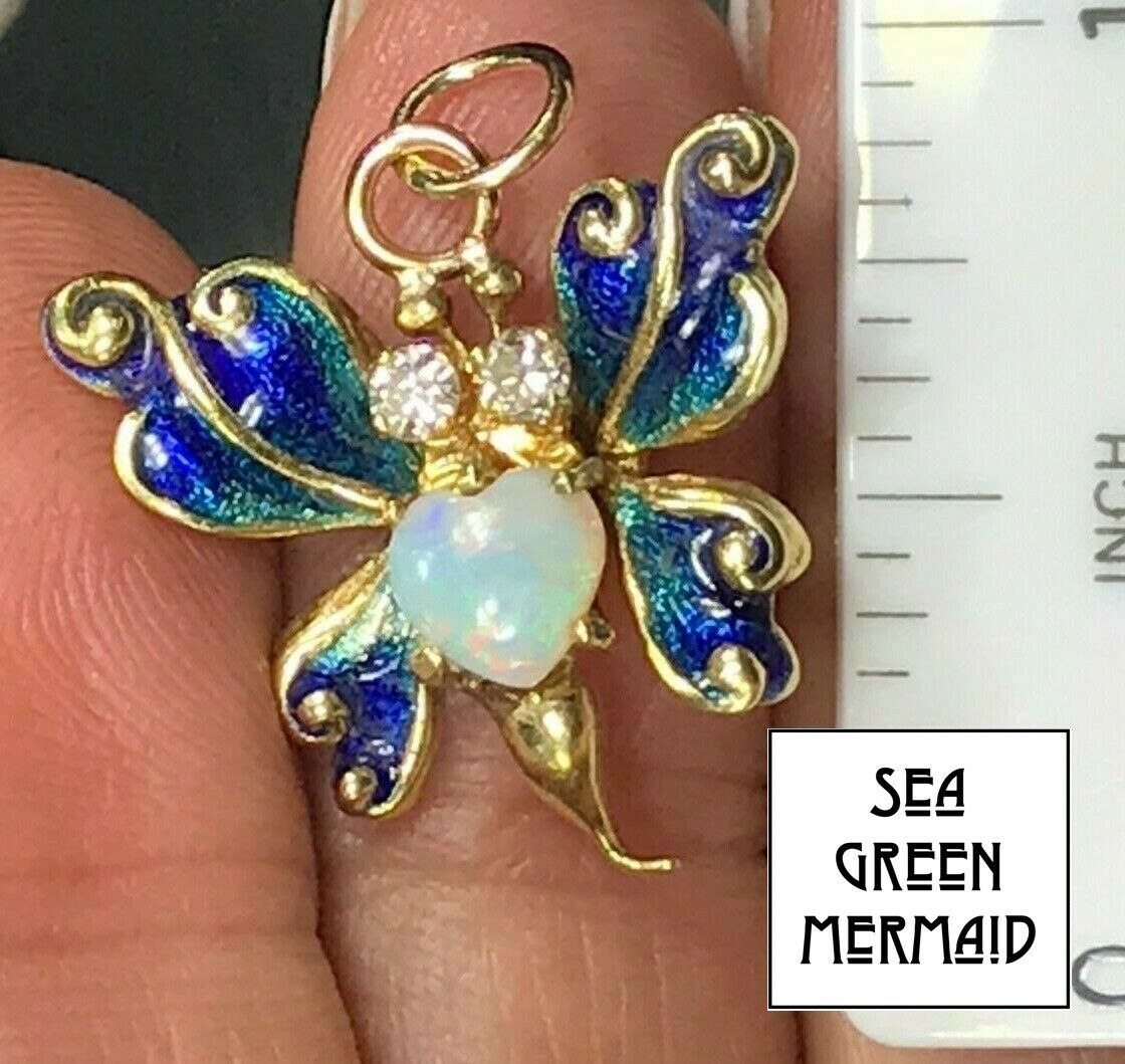 14k Yellow Gold Opal 0.40TCW Diamond & Enamel BUTTERFLY Pendant