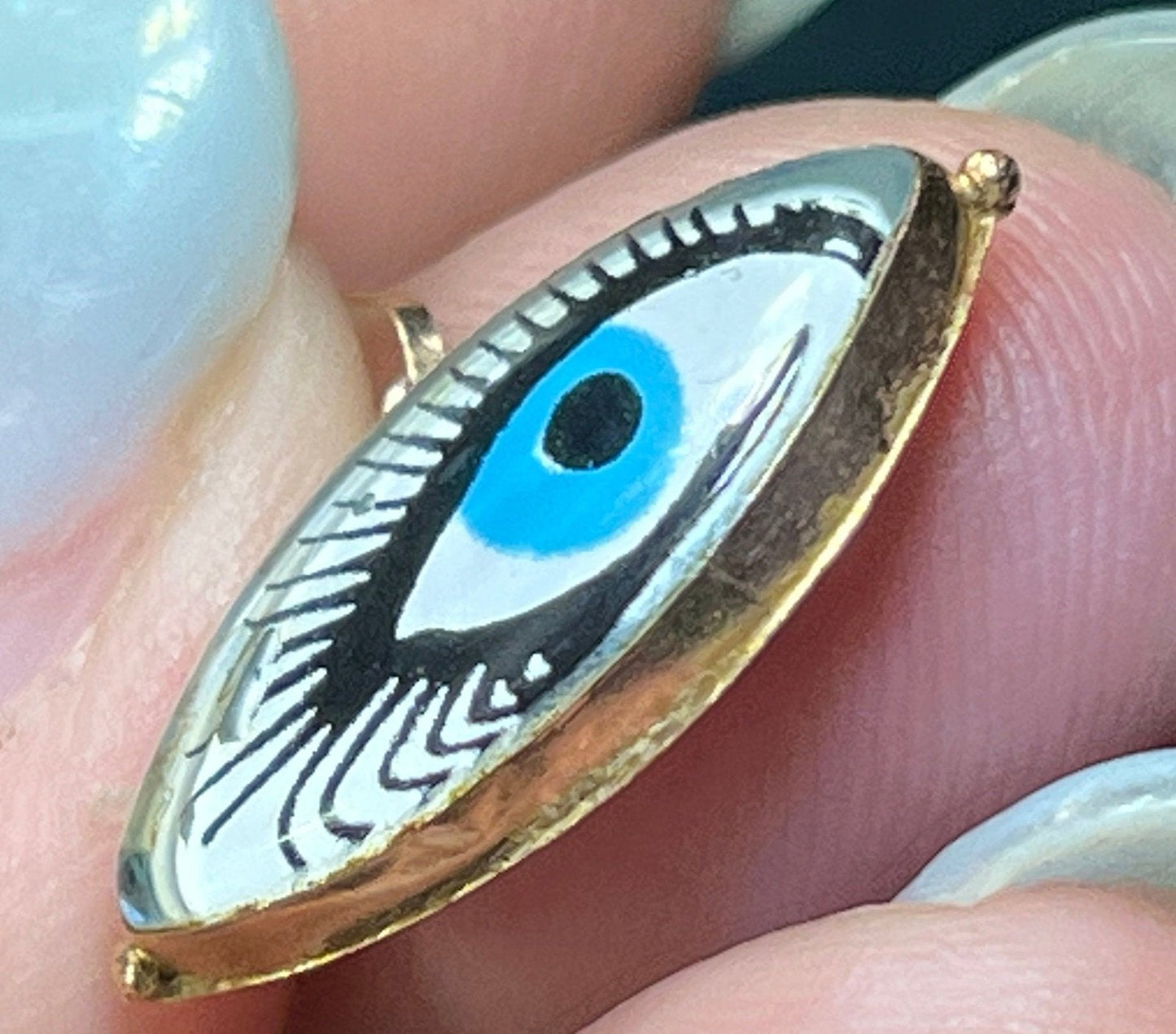 14k Yellow Gold Painted Blue Eye with Lashes Crystal BUBBLE Pendant. Antique
