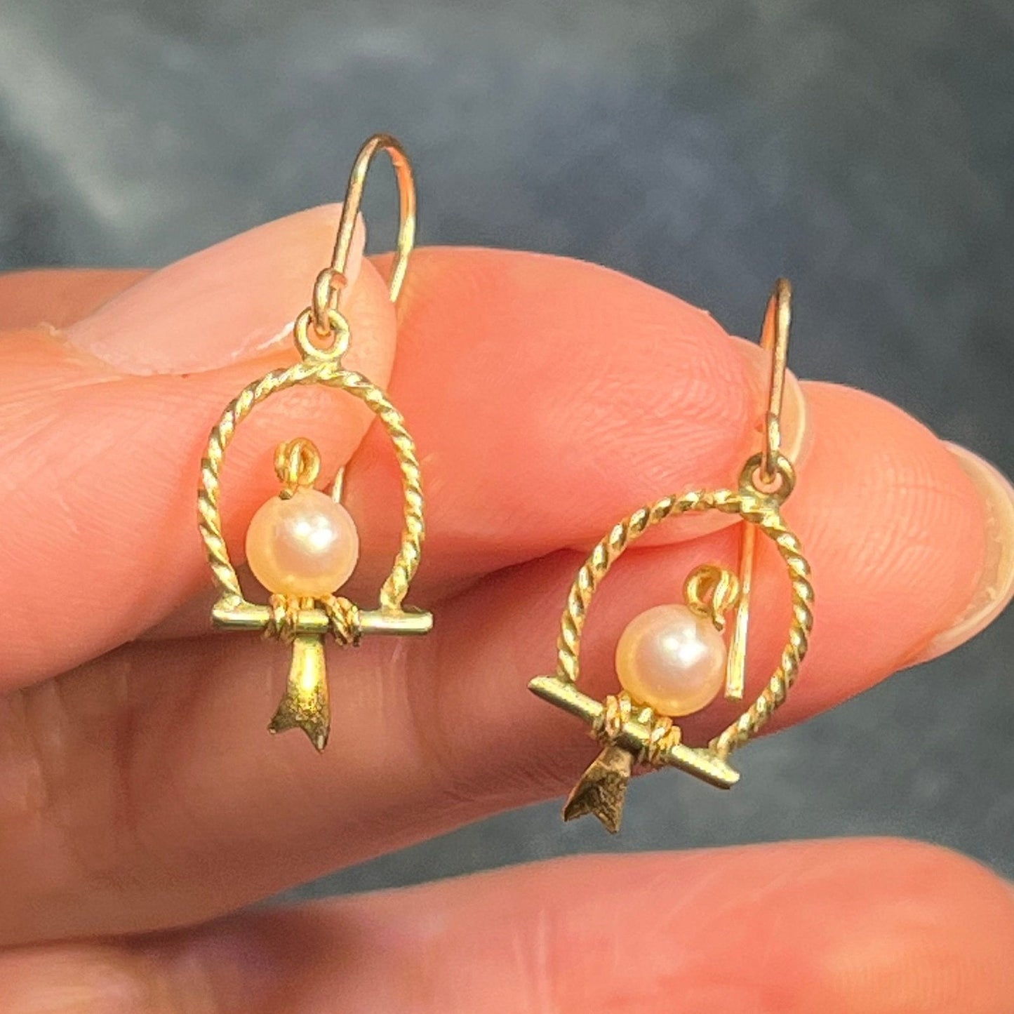 14k Yellow Gold Pearl Songbirds on a Swing Earrings. TINY!