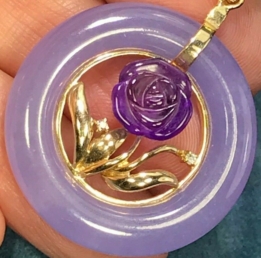 14k Yellow Gold Purple Jade ENHANCER Pendant w Amethyst Rose.10g 1.7"