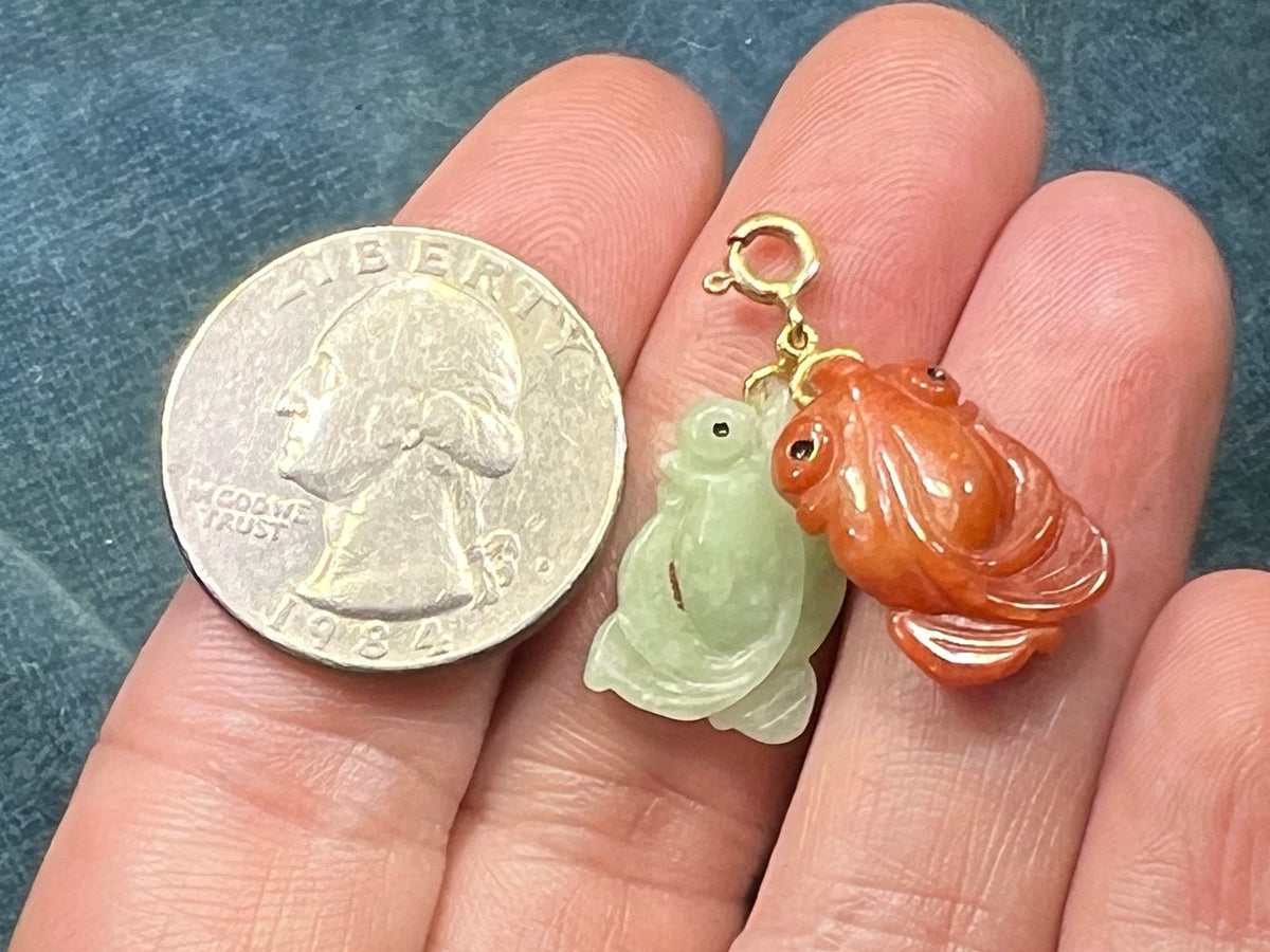 14k Yellow Gold Red + Green Jade Carved KOI Fish Pendant