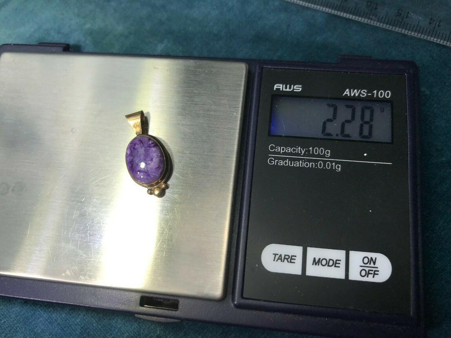 14k Yellow Gold Russian Charoite Pendant. Lavender & Purple.