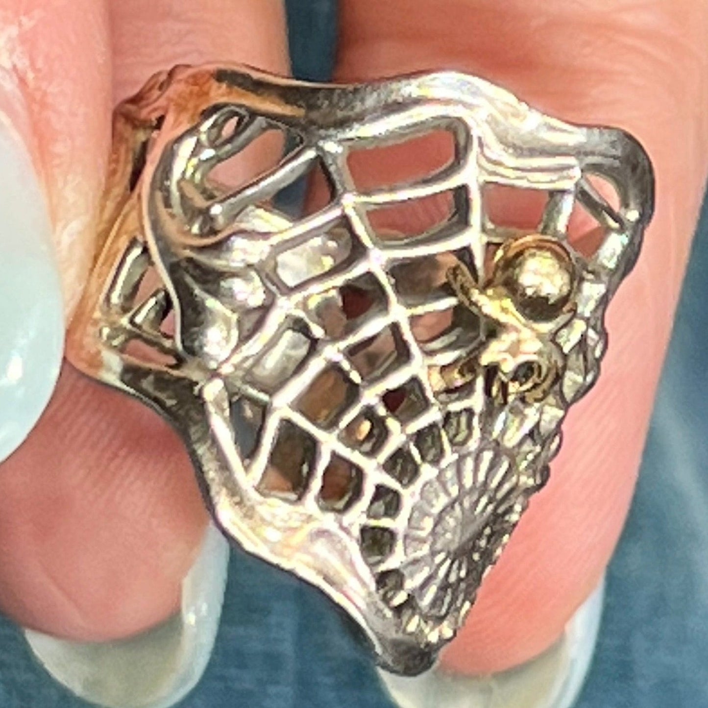 14k Yellow Gold + Silver Spiderweb Ring. 1" Wide & 7g
