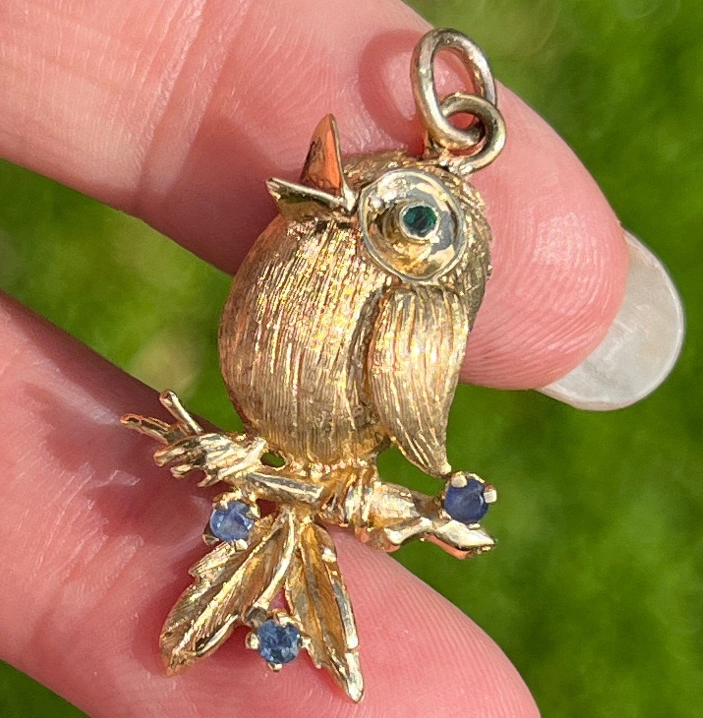14k Yellow Gold Song Bird Pendant. Blue Sapphires + Emerald