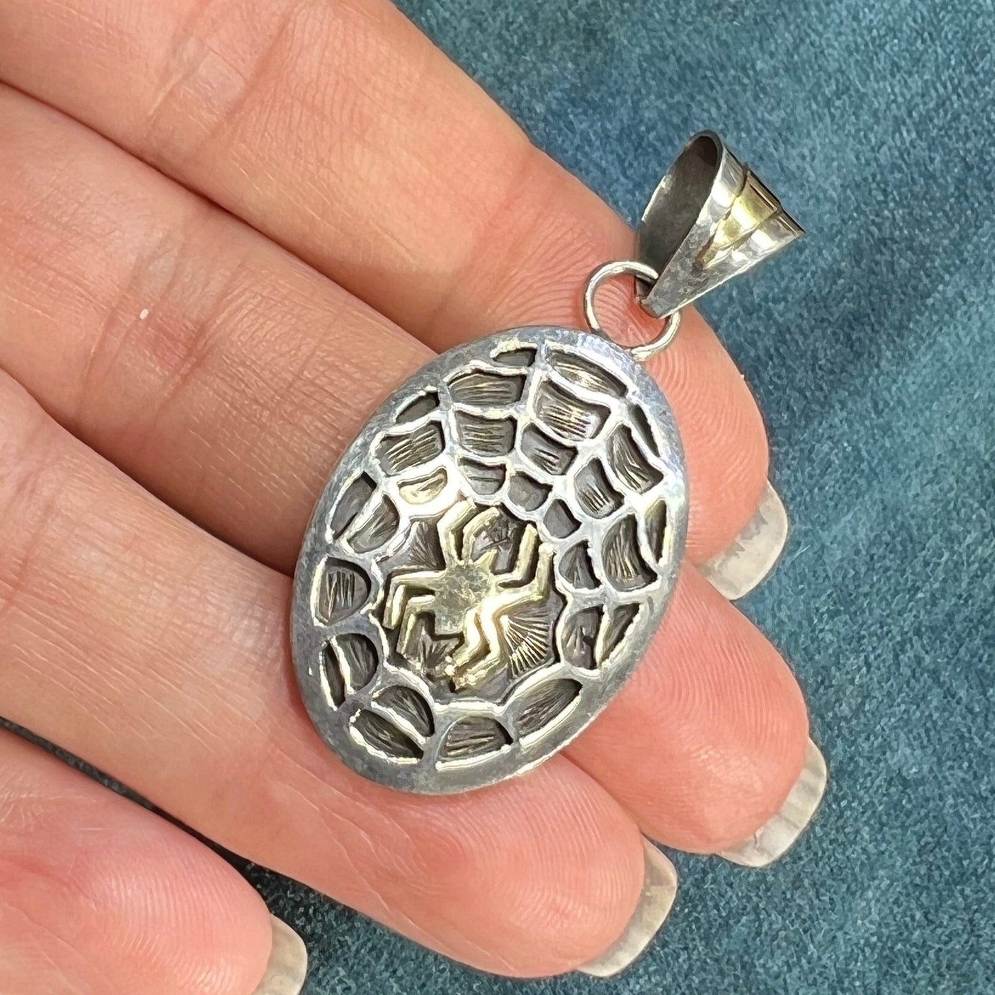 14k Yellow Gold Spider in 925 Web Pendant. 1.75" Old Pawn