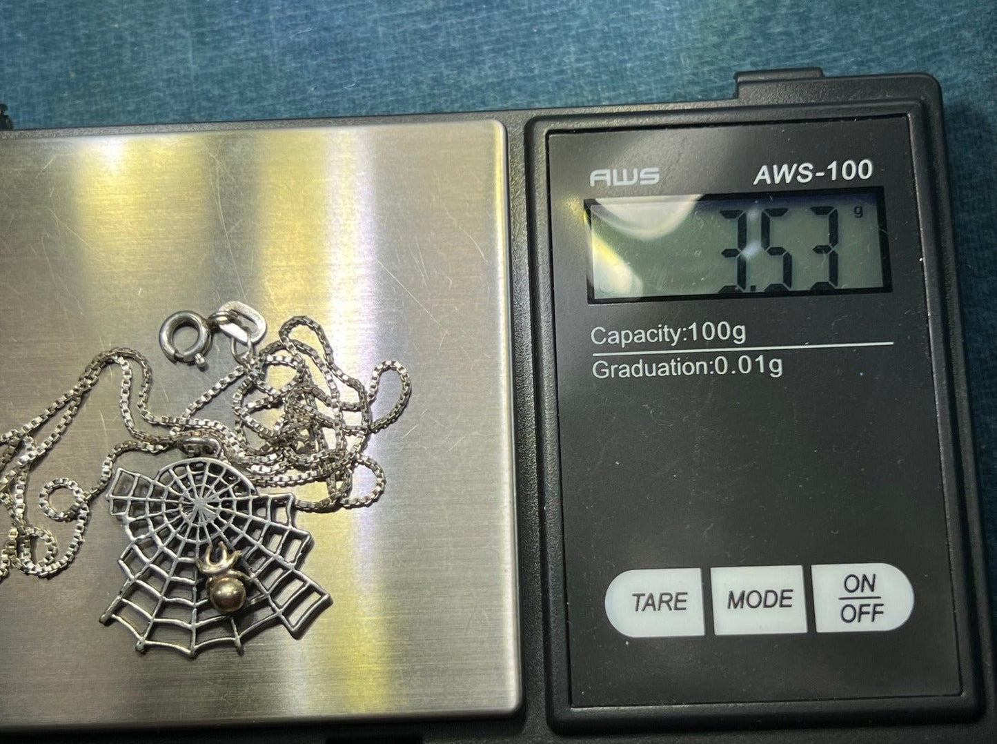 14k Yellow Gold Spider in Silver Spiderweb Pendant. 3-D. 1"