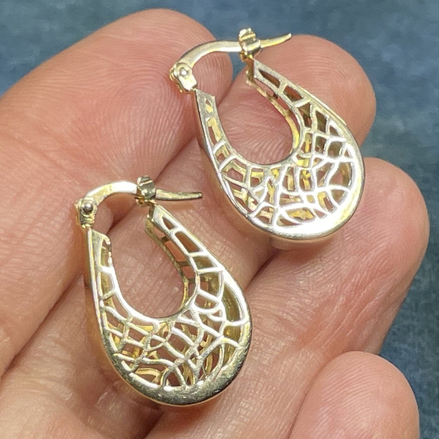 14k Yellow Gold Spiderweb Cut-Out Thick Hoop Earrings. Unique