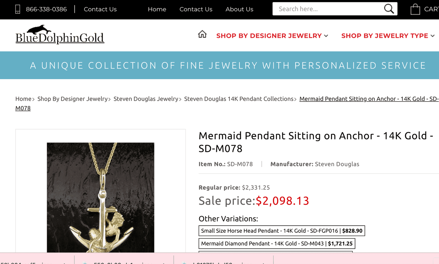 14k Yellow Gold Steven Douglas MERMAID + Anchor Pendant. 1.6" + 8g