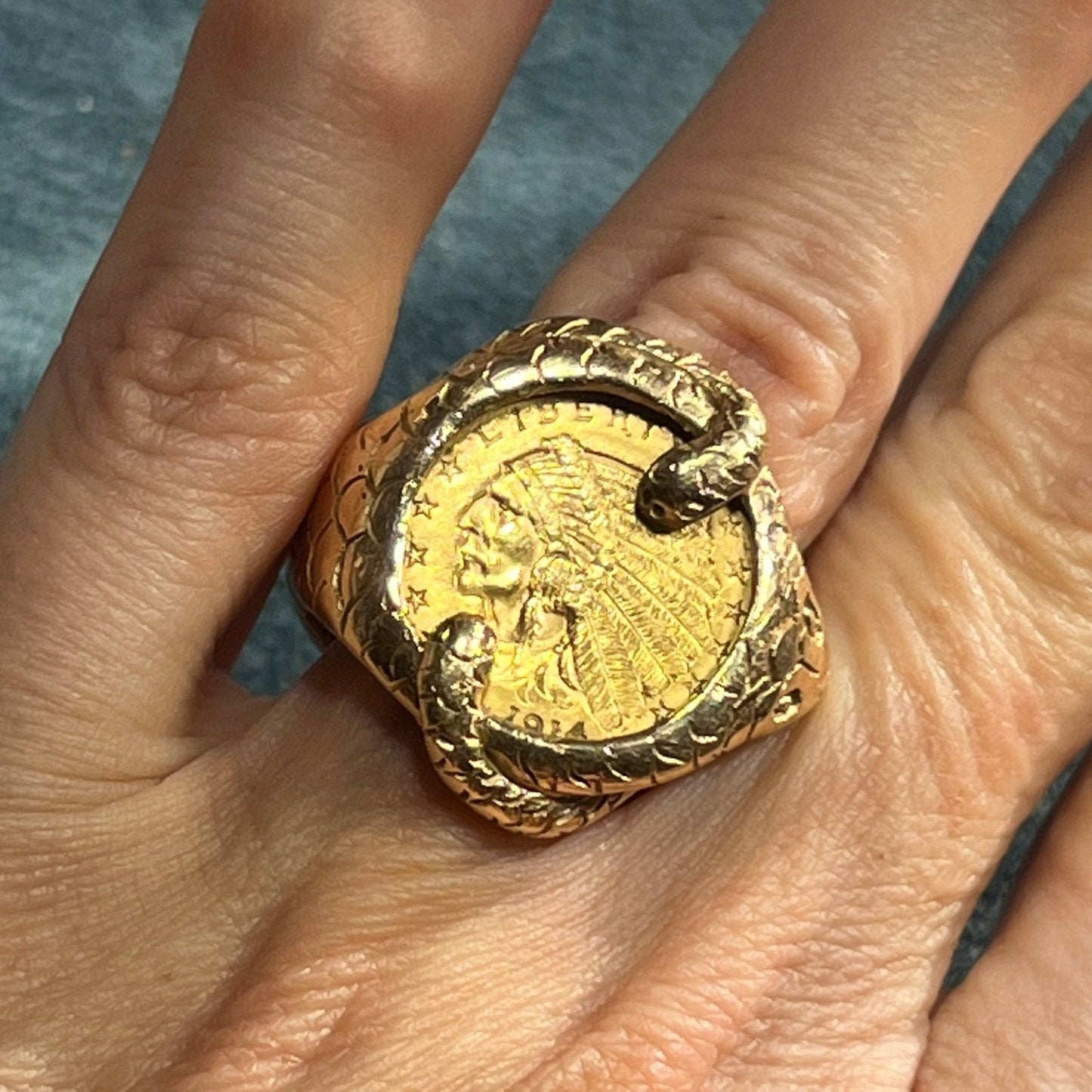 14k Yellow Gold Triple SNAKE Ring w 22k Indian Head Coin. 1" + 18g
