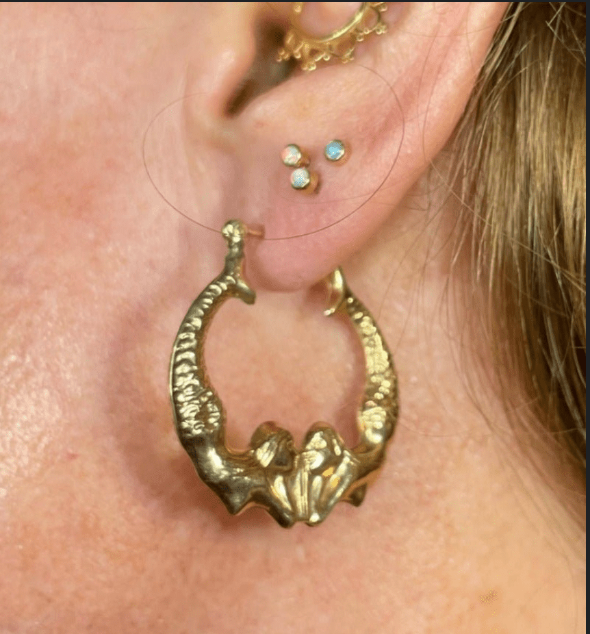 14k Yellow Gold Twin MERMAID Hoop Art Deco Earrings. 1.2"