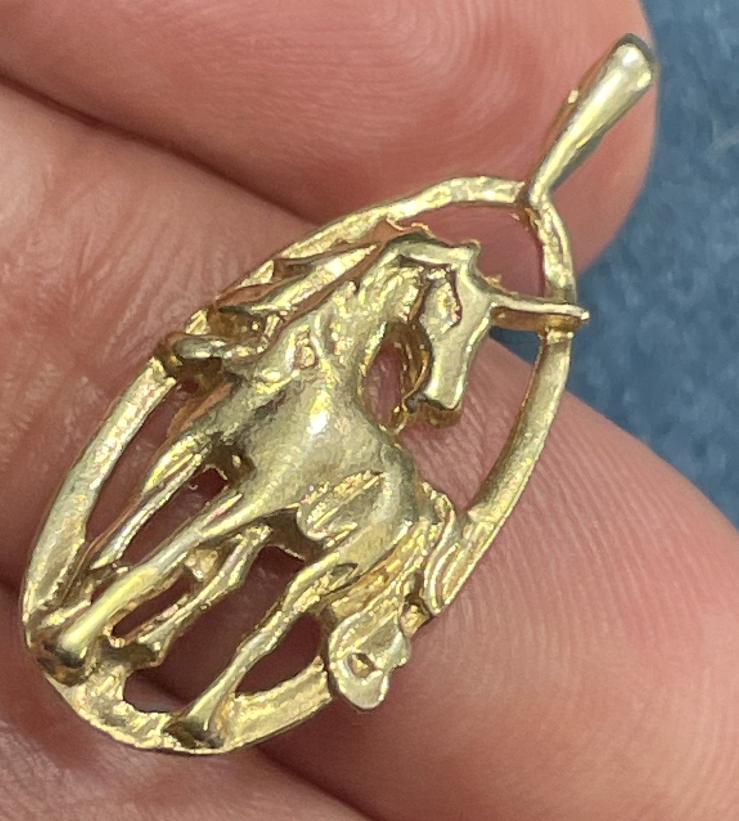 14k Yellow Gold Unicorn Pendant in Oval Frame. Large 1"
