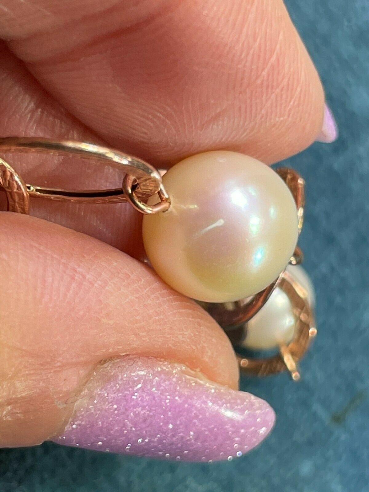 14k Yellow Rose Gold Hammered Link Chain Necklace w Pearls. 20"