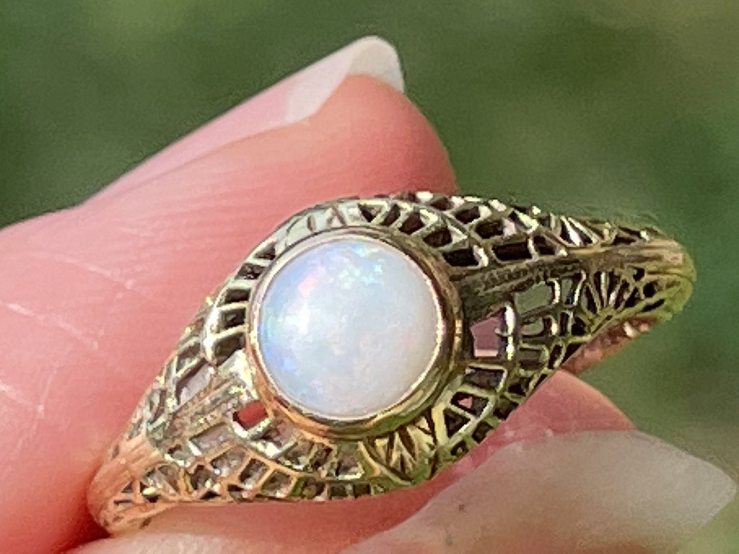 14k Yellow-White Gold 1 Ct. Australian Opal "Spiderweb" Filigree Ring. Art Deco