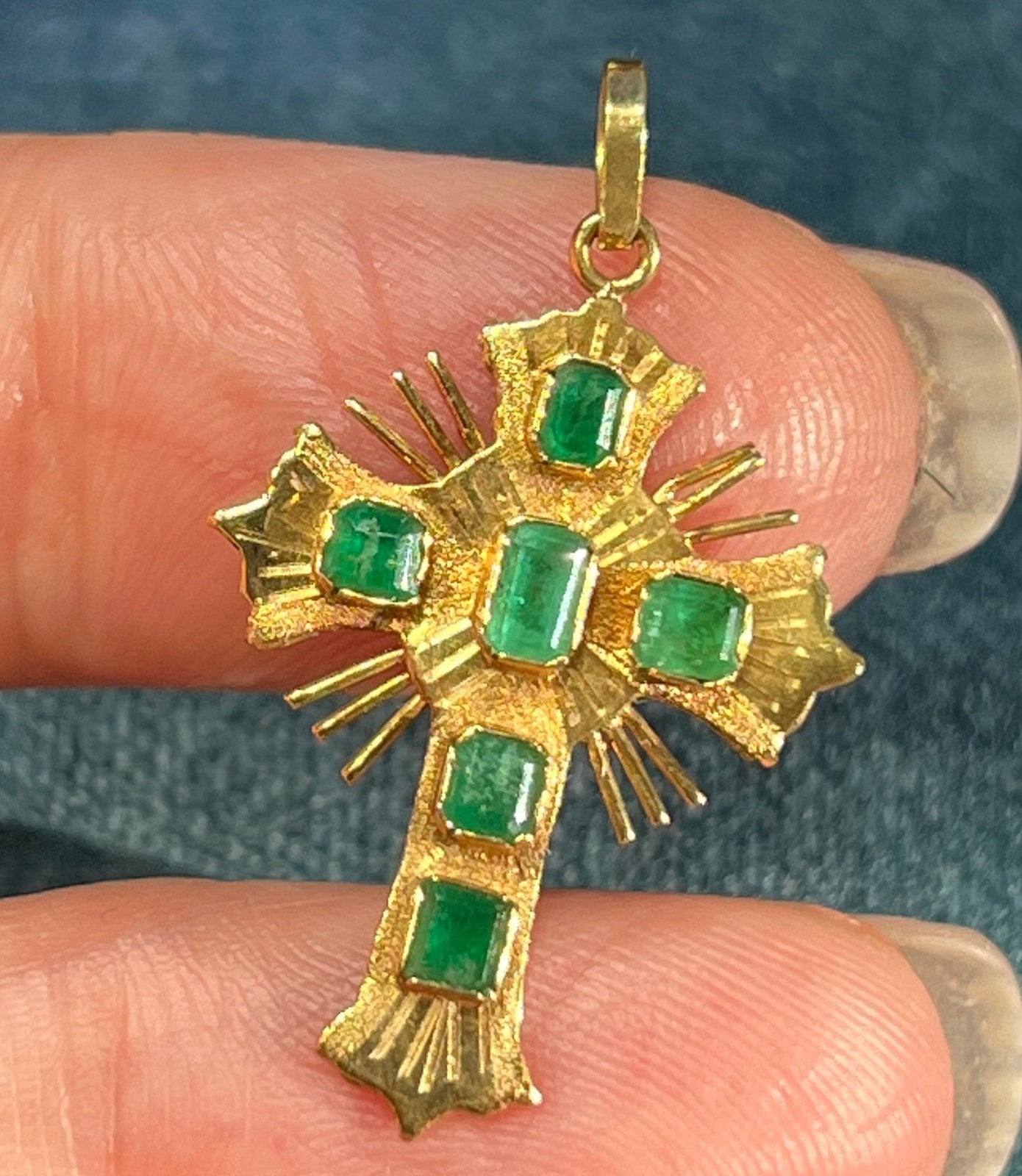 18K Yellow Gold 1 tcw Columbian Emerald 1.3" Cross Pendant