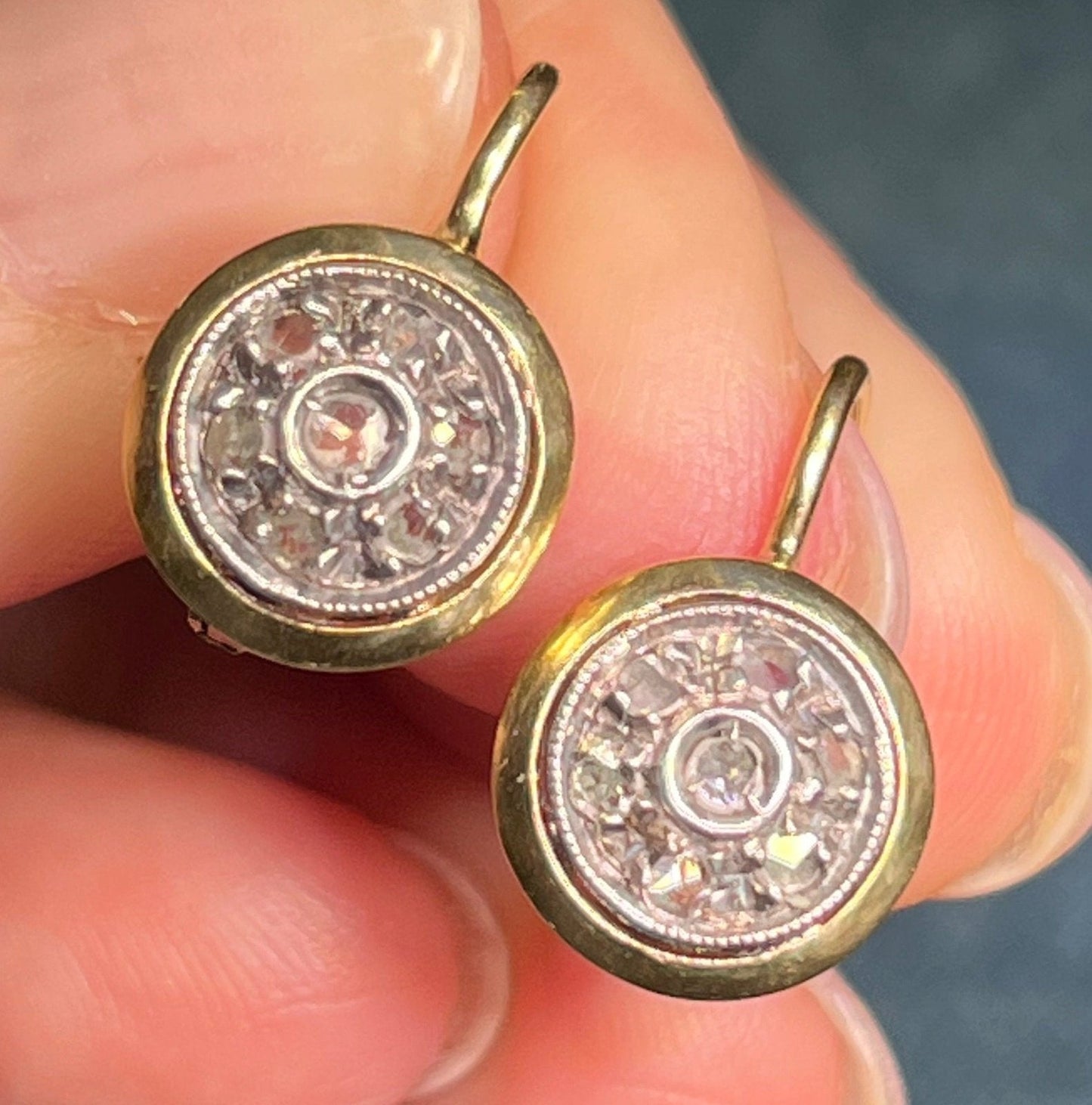 18k Gold Antique Rose-Cut Diamond Rosette Earrings. Leverbacks