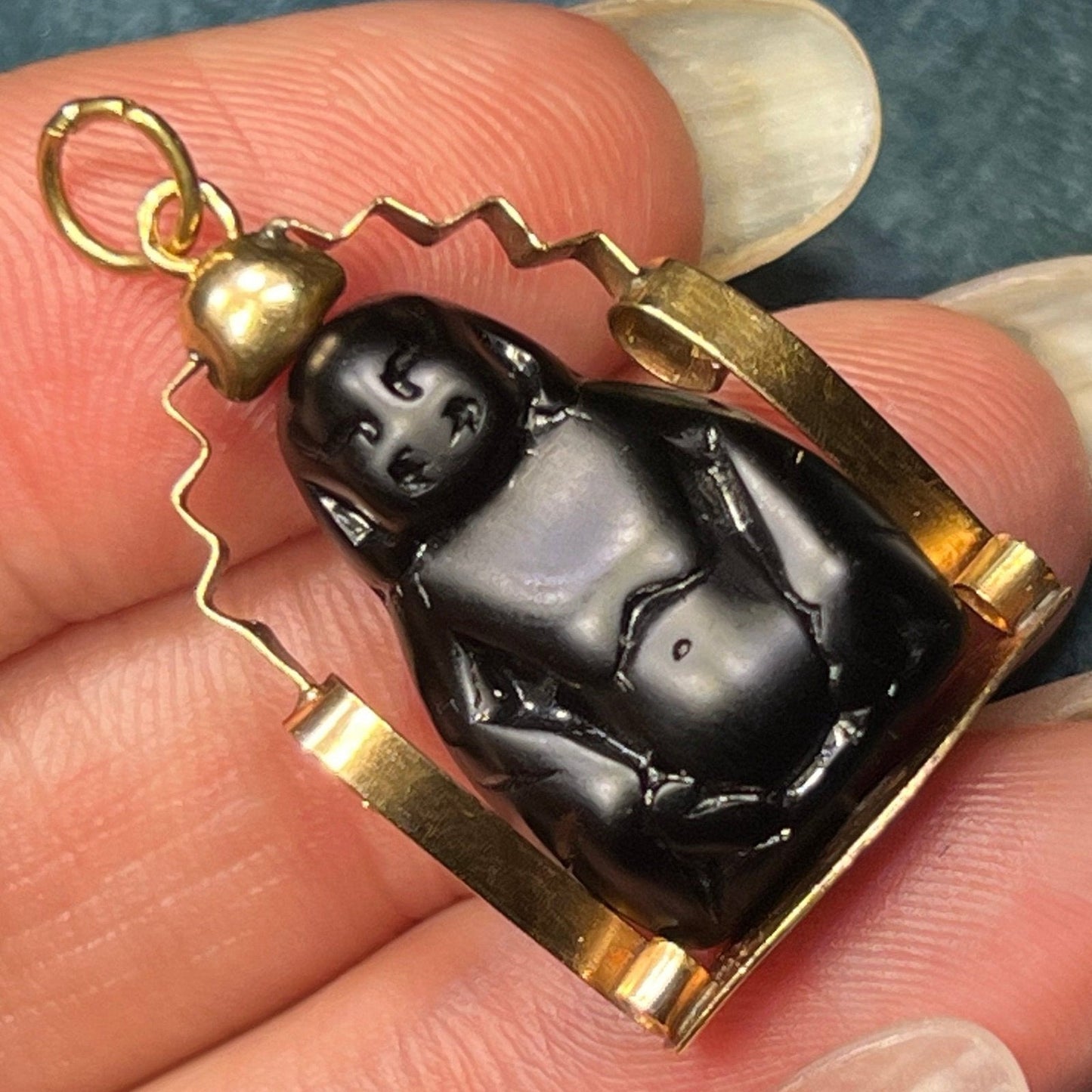 18k Gold Black Jade Buddha Spinning Watch Fob Pendant. *Video*