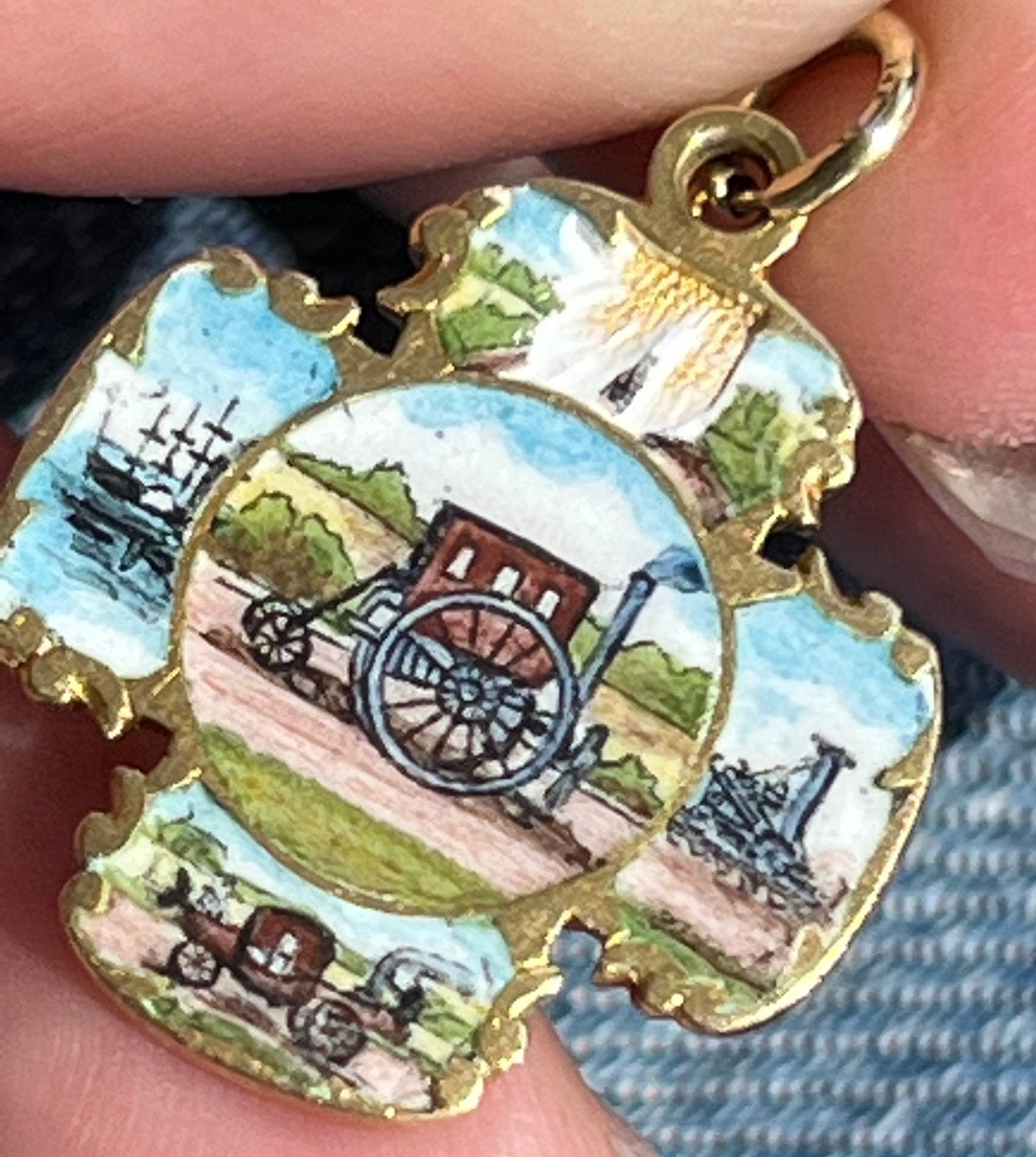 18k Gold Enamel TRAIN Railroad Pocket Watch Fob Pendant