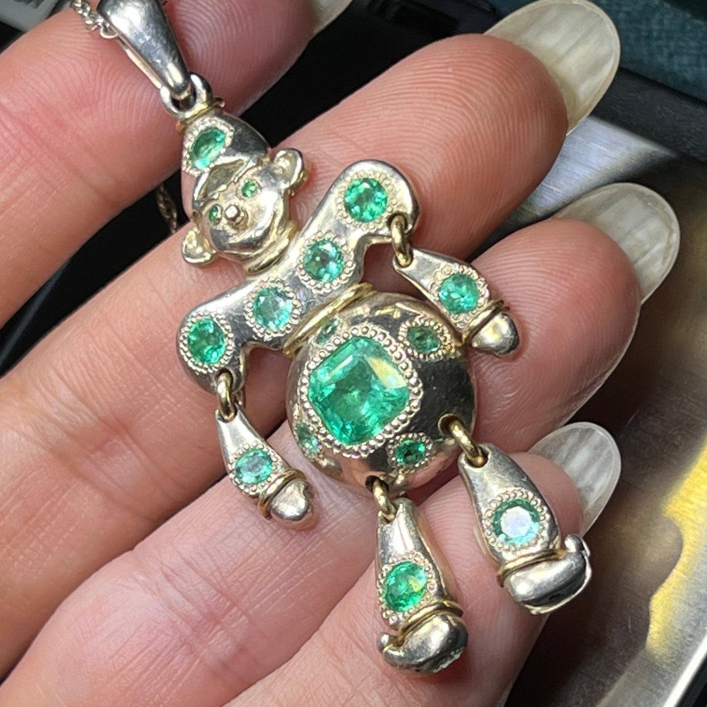 18k Gold + SS 5.0 TCW Columbian Emerald Jointed Clown Pendant. 2.5" 21g