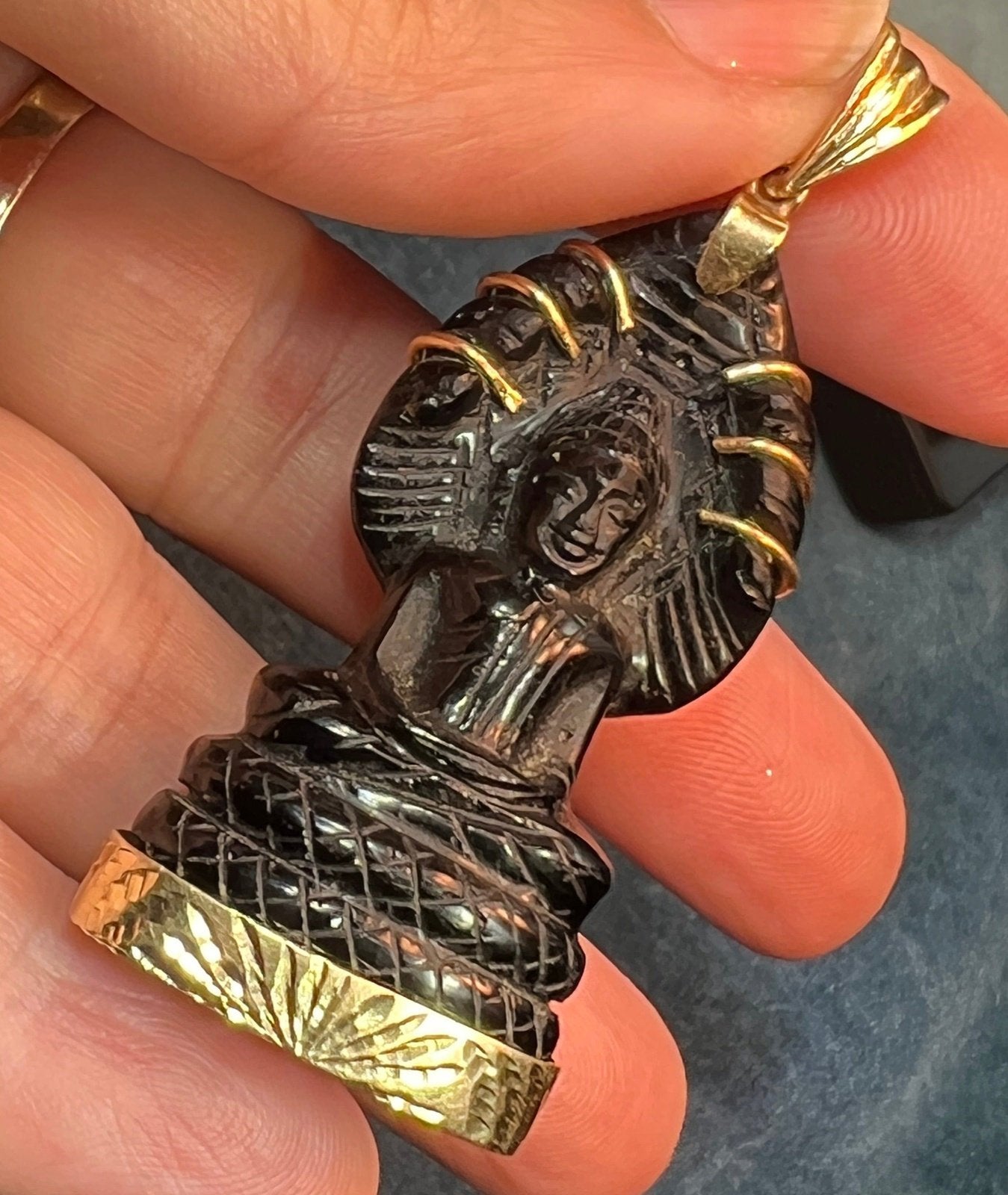 18k Yellow Gold Carved Black Jade NAGA Buddha Pendant. 2" + 20g
