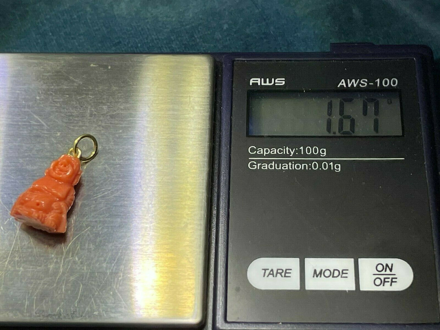 18k Yellow Gold Carved Salmon Coral "Happy Buddha" Pendant. TINY!_B40_11_20
