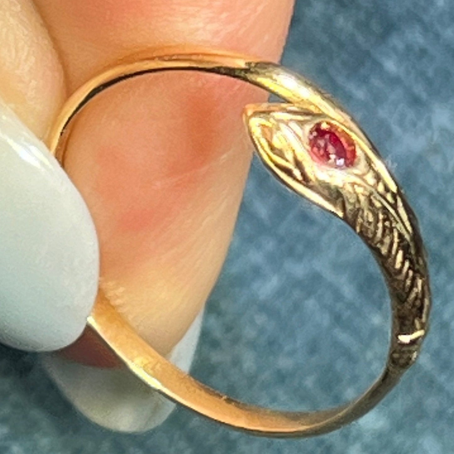 18k Yellow Gold Coiled Antique Snake Wrap Ring w Cabochon Ruby
